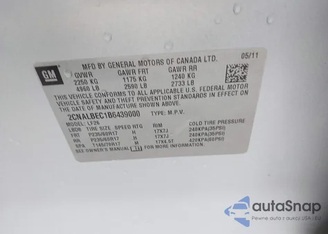 2011 Chevrolet Equinox Ls из США, поврежденный, VIN 2CNALBEC1B6439000